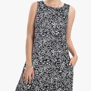 New Sleeveless Floral Print Tank Dress with Side Pockets Black White Floral Sml